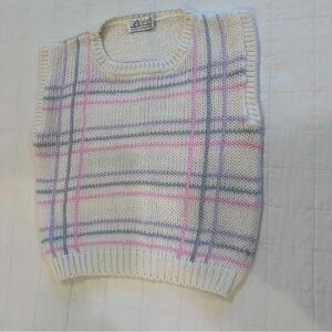Vintage Sleeveless Sweater Vest Cream with pastel blue pink purple plaid stripes